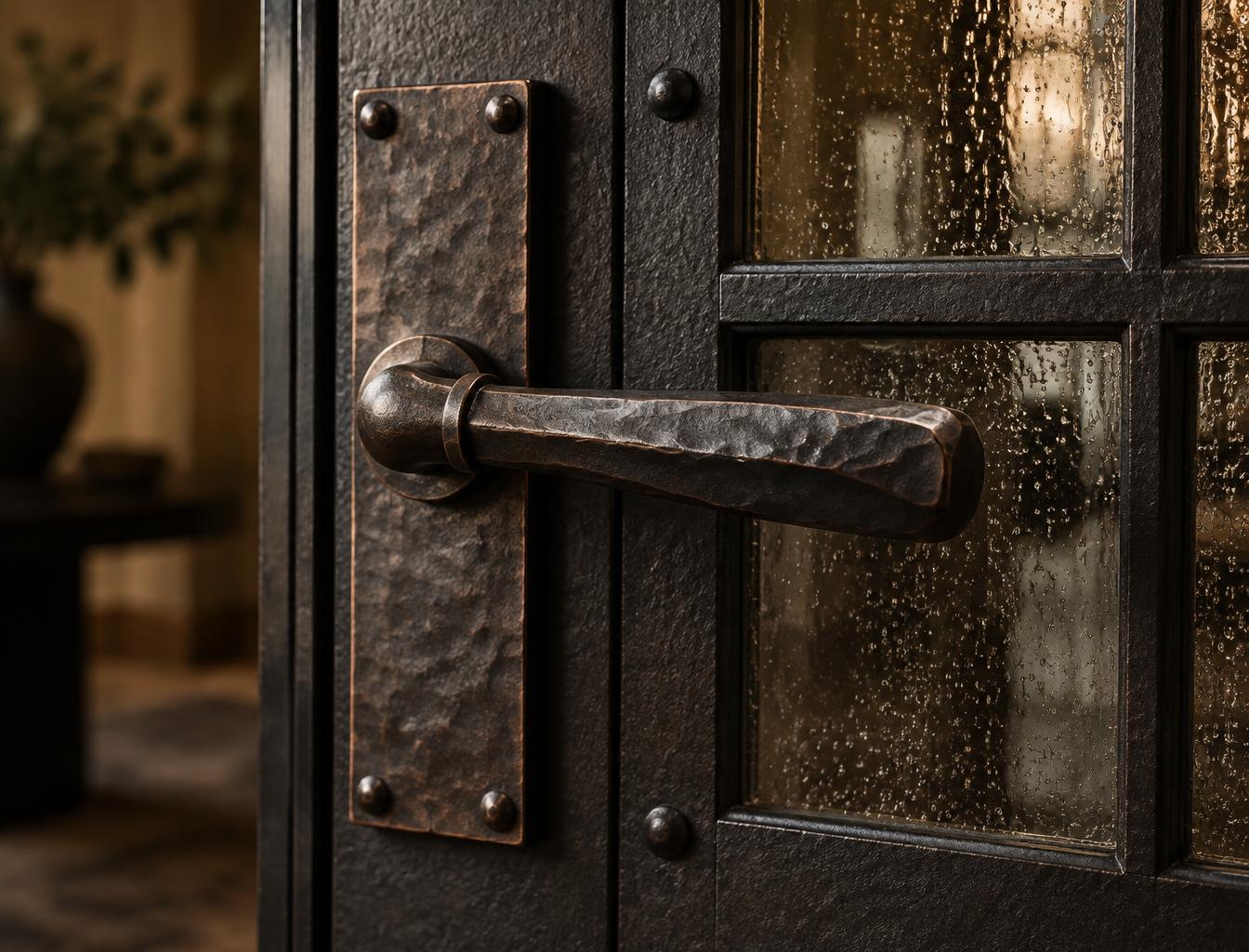 Hand-forged bronze handle on an iron door