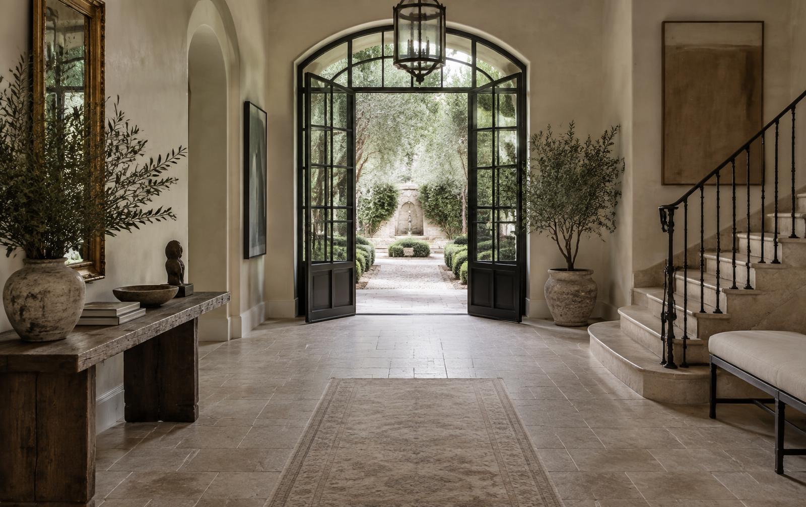 Iron and glass double entry doors opening onto a garden